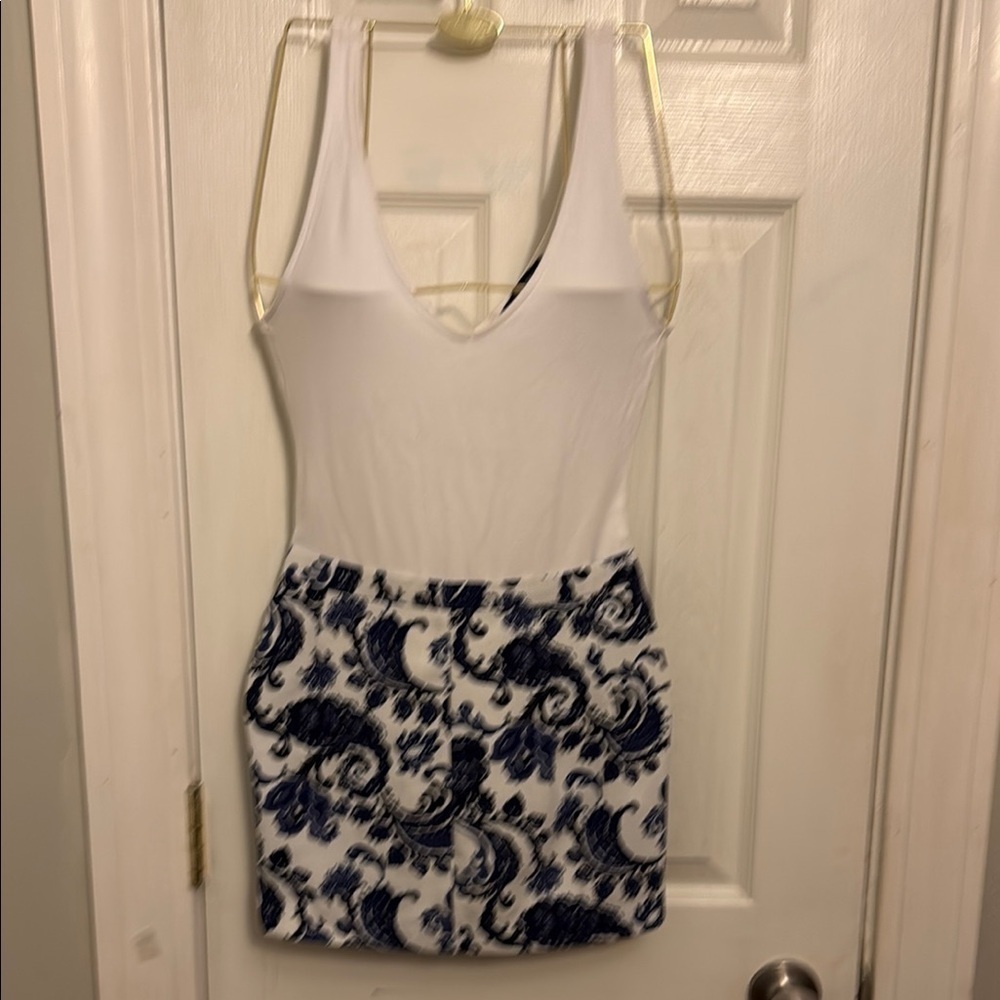 Forever 21 White Bodysuit & Paisley Blue Skirt Set #478